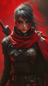 Armored rogue swordswoman in dynamic red-saturated battlefield haze