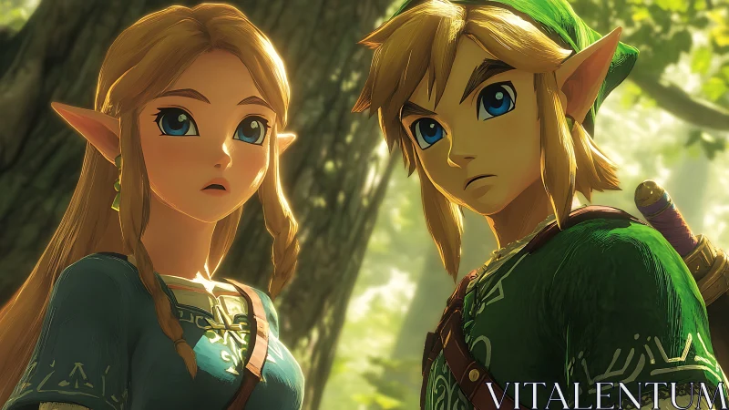 Elf-like fantasy duo stand alert in bright forest setting.