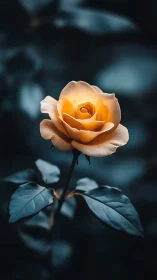 Yellow rose with dark foliage in dramatic light against blurred background.