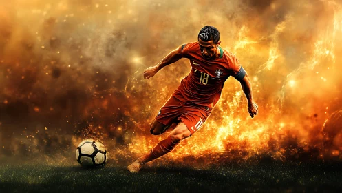 Soccer player sprints through blazing fiery stadium backdrop