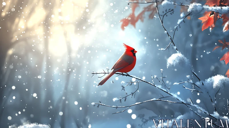 Scarlet cardinal rests in a softly glowing winter forest