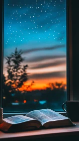 Gentle evening reading unfolds beneath a glowing starry sky