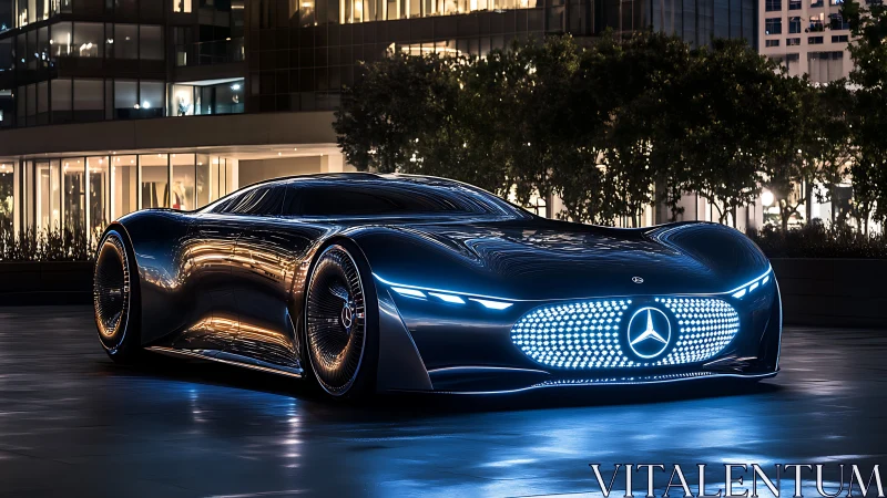 Futuristic electric supercar glows against a sleek cityscape