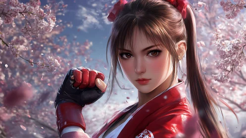 Cherry blossoms surround a determined martial artist in red