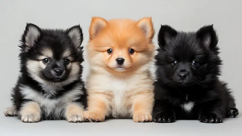Three fluffy Pomeranian puppies sit together and pose calmly.