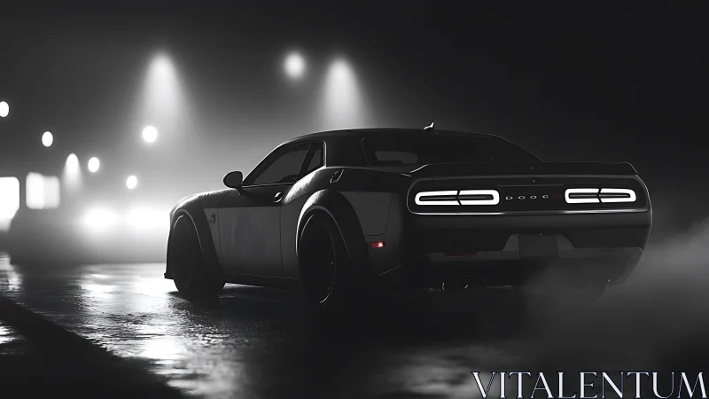 Night-prowling muscle car gliding through fogbound city streets.