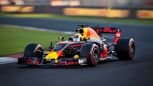 Red Bull Formula car on track at speed during daylight.