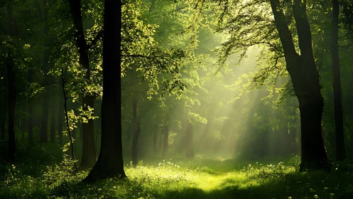 Sunbeams Filtering Through Dense Green Forest in Serene Morning.