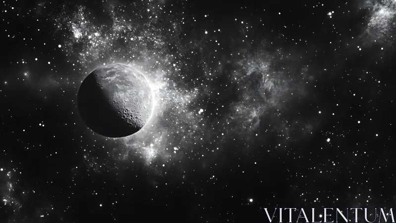 Crescent moon in dense star field over dark space sky.