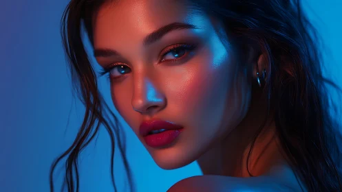 Digital portrait with neon dual lighting and cinematic focus.