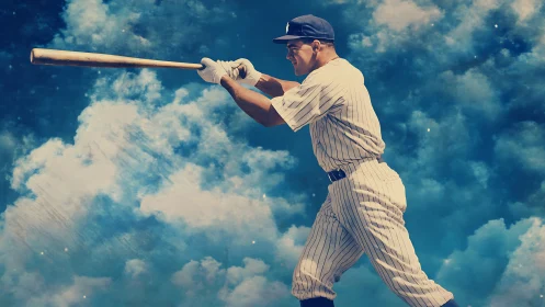 Vintage baseball batter in pinstripes swings against cloud backdrop