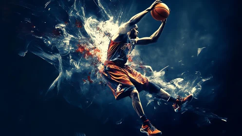 Soaring basketball player frozen in a burst of energy.