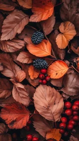 Autumn foliage flatlay with berries in warm chromatic harmony.