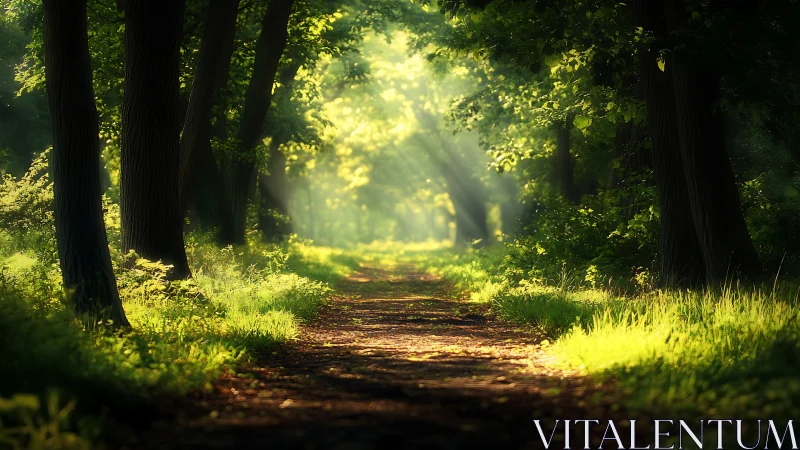 Sunlit Forest Path with Lush Greenery in Dreamy Morning Light.