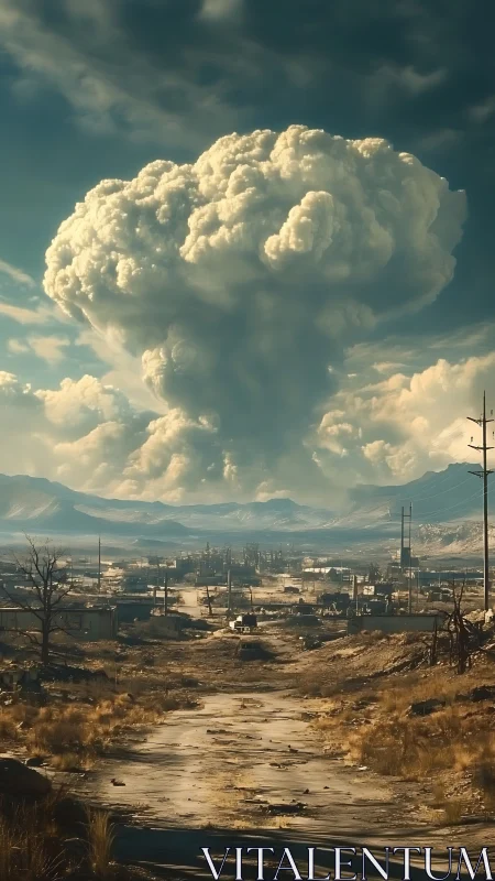 Post‑apocalyptic wasteland beneath towering blast cloud.