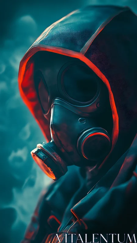Hooded survivor in a glowing gas mask studies the hazy air