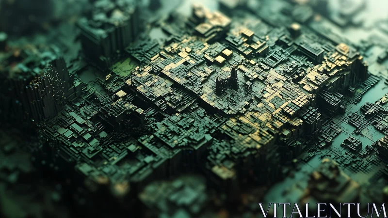 Futuristic micro cityscape renders metallic fractal terrain