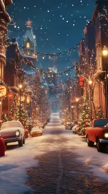 Snow-dusted holiday avenue hums beneath twinkling lights