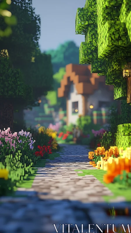 Voxel garden path leading toward cottage at sunrise.