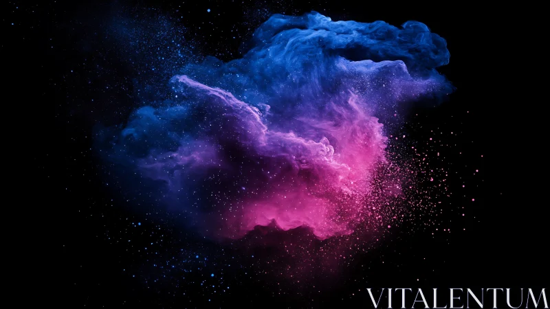 Colorful blue and magenta powder cloud on black background.