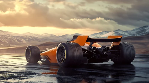 Aerodynamic single-seater race car on wet track at dusk