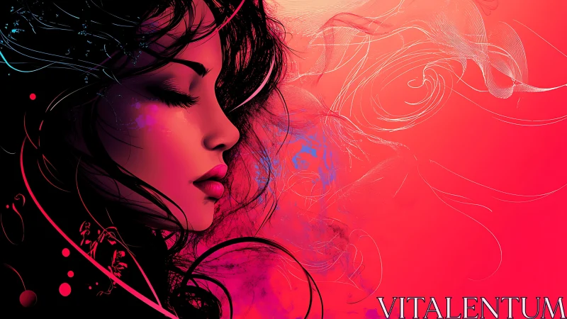 Digital portrait of neon-lit woman in flowing abstract lines.