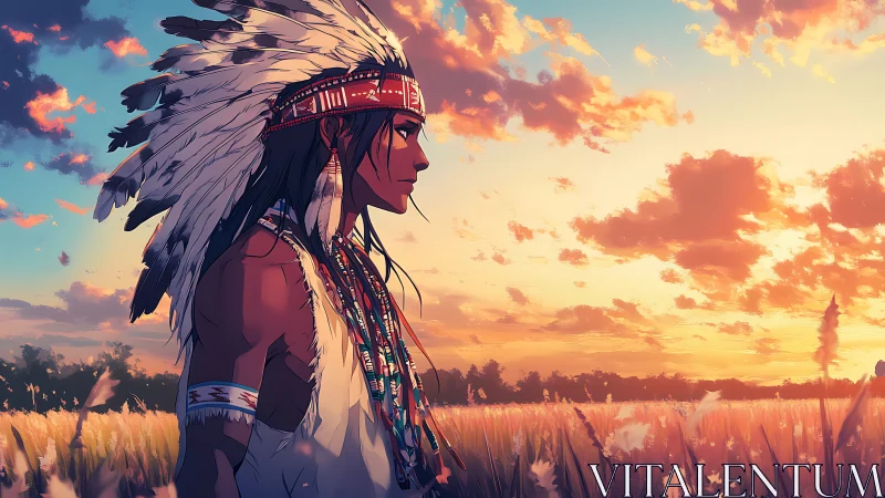Indigenous figure in feathered headdress at sunset field.