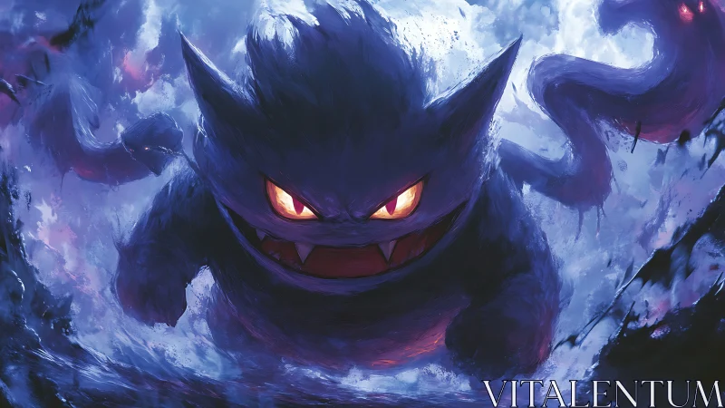 Ghostly creature charges through stormy violet mist