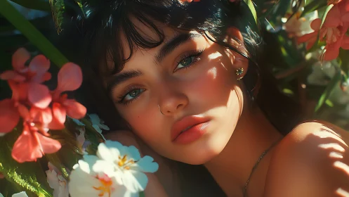 Digital portrait shows young woman framed by vivid flowers