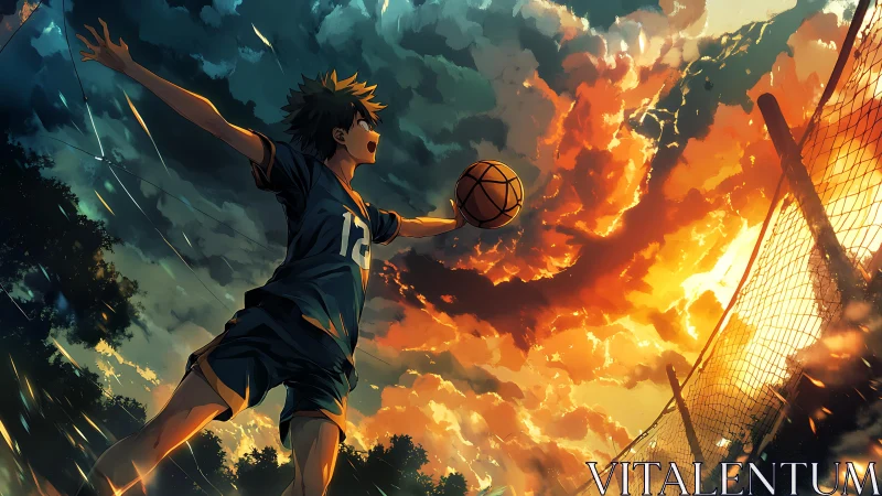 Teen basketball player on outdoor court at dramatic sunset.