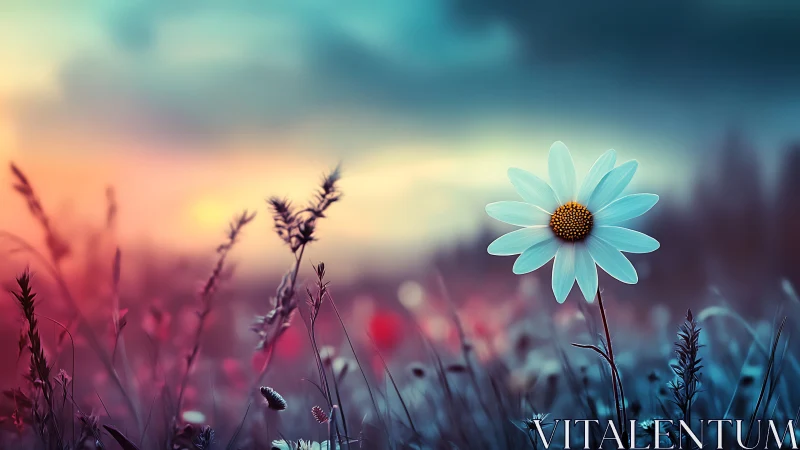 Blue daisy in meadow at twilight with muted landscape.
