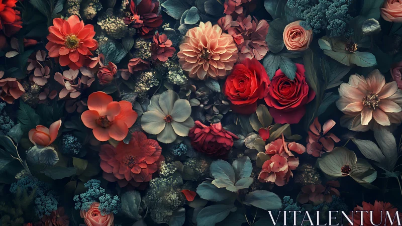 Blooms cascade across dark tones: layered floral composition study.