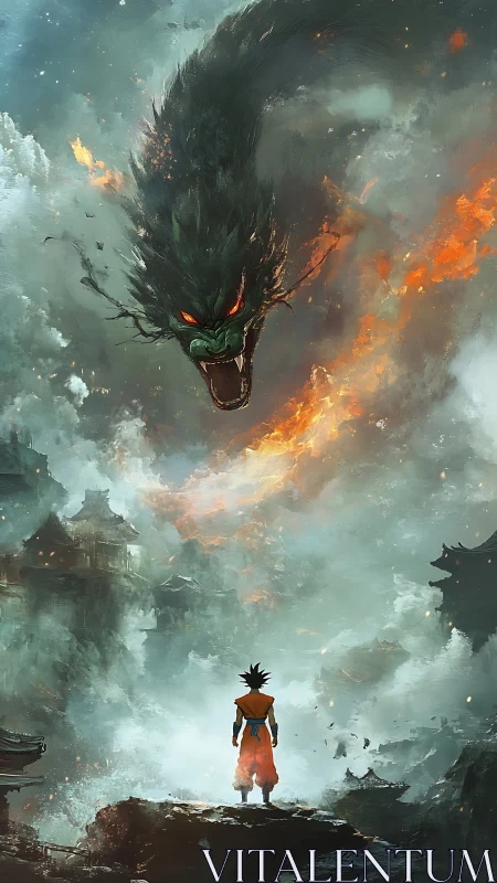 Solitary figure under serpentine dragon in stormed sky.
