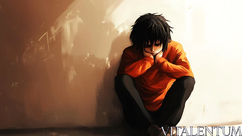 Sad anime boy sits alone against warm textured wall
