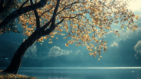 Golden lakeside branches glowing in peaceful morning light.
