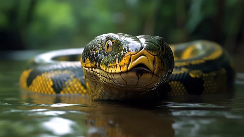 Green anaconda resting in calm shallow jungle water.