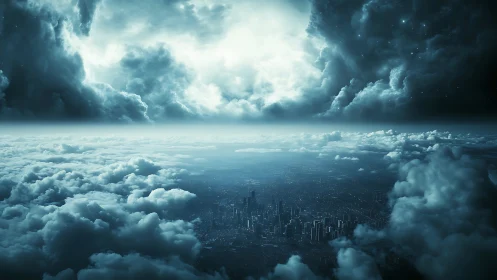 Dreamlike night city resting beneath a swirling sky of clouds.