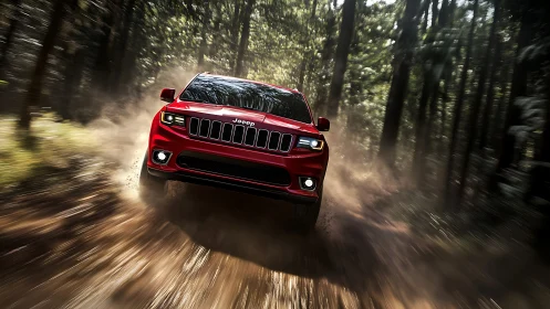 Red Jeep SUV drives fast through forest dirt trail