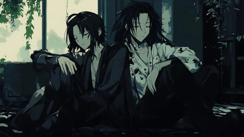 Two seated figures rest against interior walls in low light