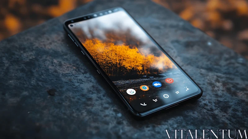 Smartphone displaying landscape photograph on textured surface