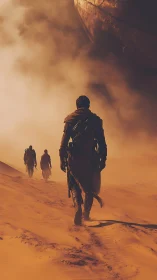 Desert wanderers stride beneath a sleeping sand colossus.