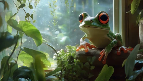 High-contrast tree frog render with subsurface scattering and DOF lighting