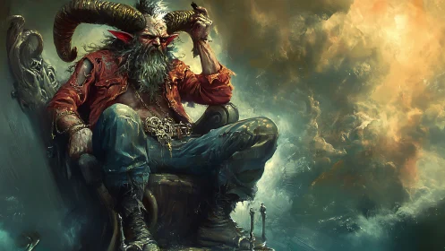 Horned demon king reclines on a throne in stormy heavens.