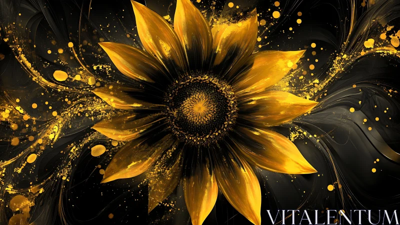 Golden sunflower on dark abstract splatter background.