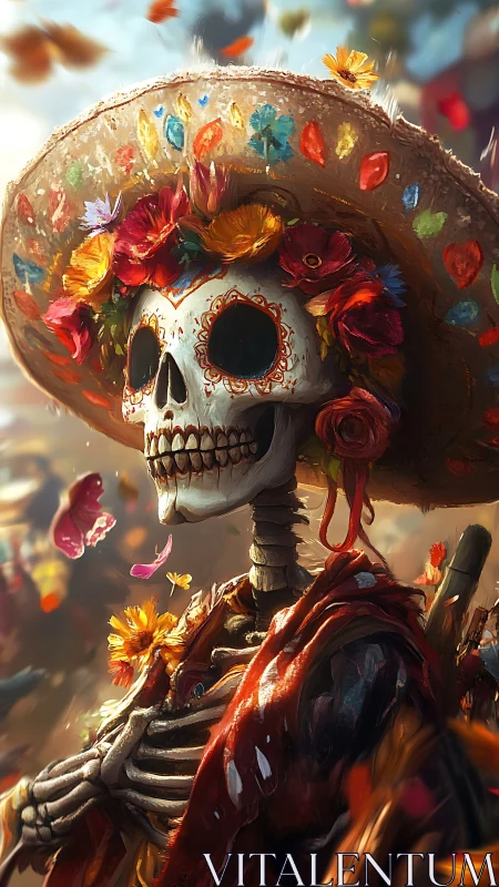 Festive skeletal muse crowned in blazing marigold laughter.