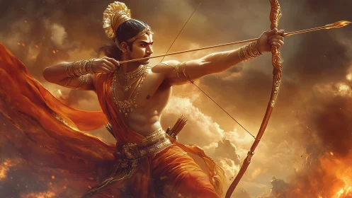 Mythic archer figure in dynamic pose amid fiery clouds.