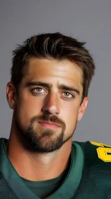 Stoic gridiron gaze in emerald and gold armor portrait.