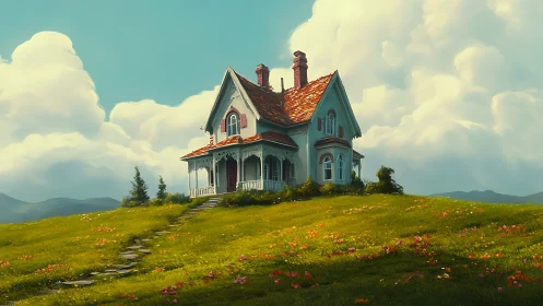 Storybook hilltop cottage quietly sings beneath huge clouds