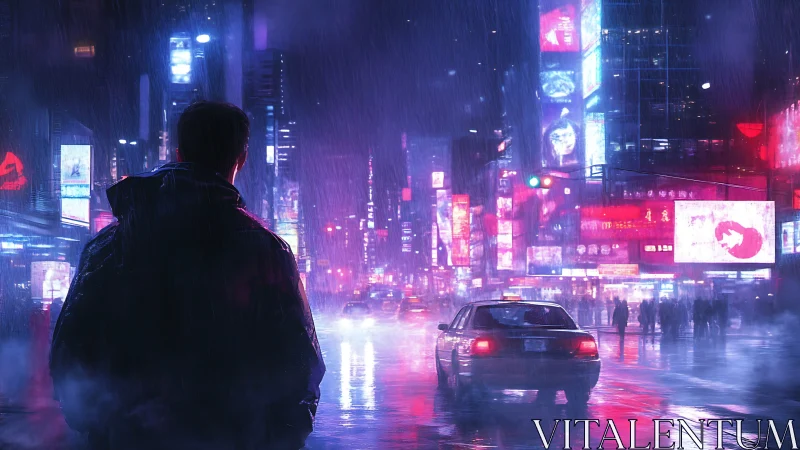 Solitary figure in neon-lit rainy city street scene at night.