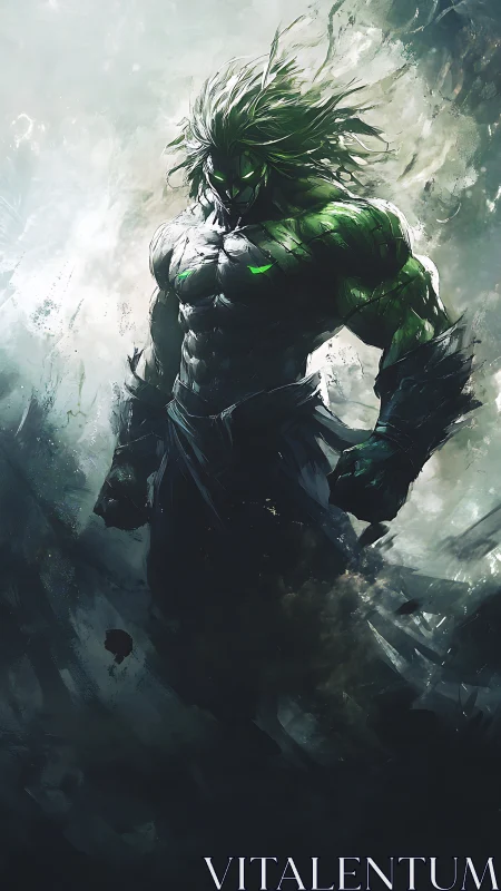 Muscular green warrior emerges from turbulent abstract storm field
